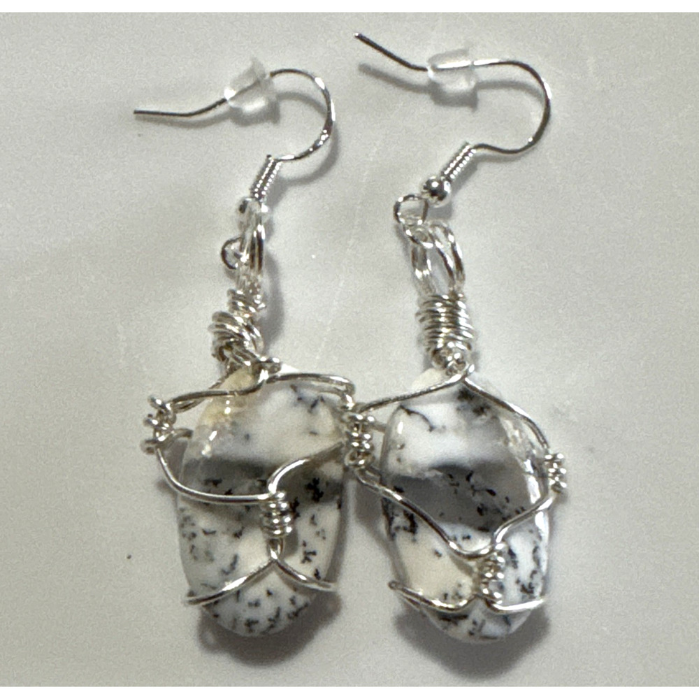 Dendritic Agate Handmade Earrings Bling Silver Tone Genuine Stone White Gray